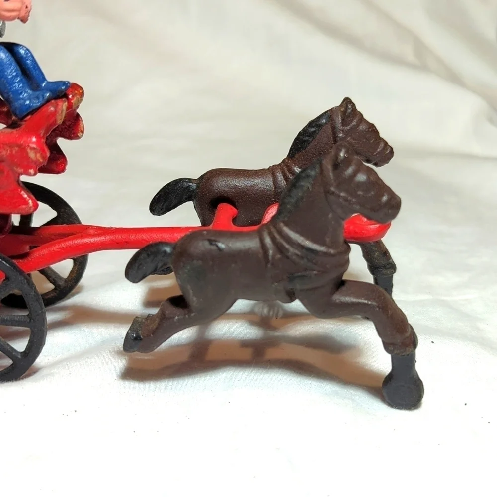 Vintage Cast Iron Horse Drawn Fire Truck Engine Wagon Toy w Fireman and Ladders